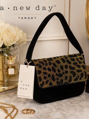 A New Day Black Velvet Shoulder Bag with Gold Beaded Leopard Flap